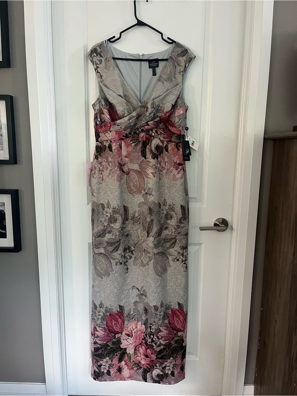 Adrianna Papell Floral V-Neck Maxi Dress in Pink and Gray